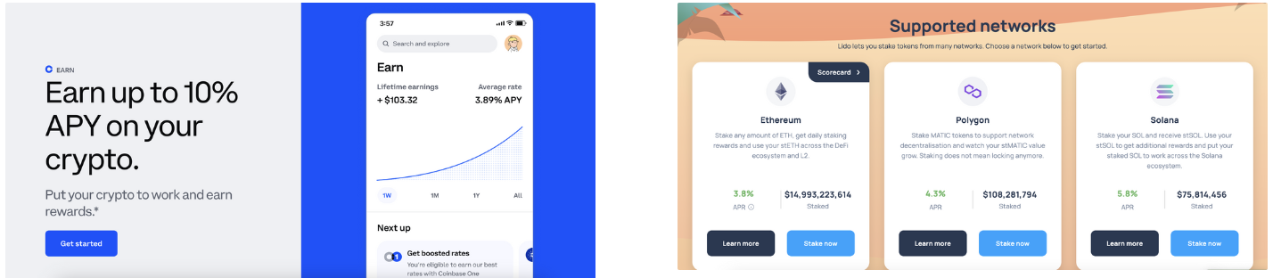 Stake to earn from Coinbase and Lido.fi